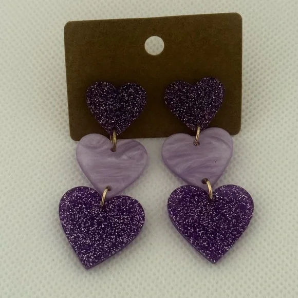 Purple Acrylic Heart Drop Earrings โ Glitter & Marble Mix โ NWT - Picture 3 of 6